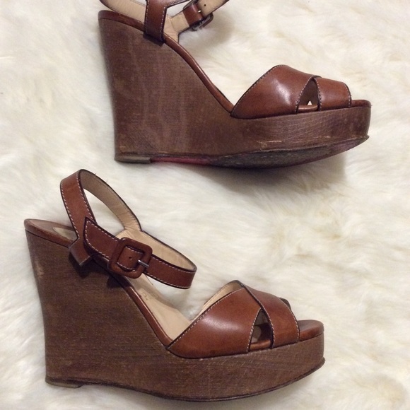 CHRISTIAN LOUBOUTIN Tan Leather Wedge Sandals 37.5 - Picture 3 of 11